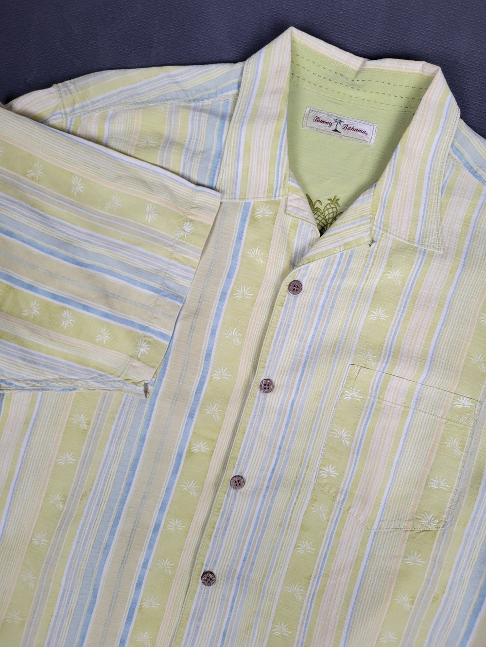 Tommy Bahama Men's 100% Silk Yellow Striped Short Sleeve Hawaiian Shirt Large